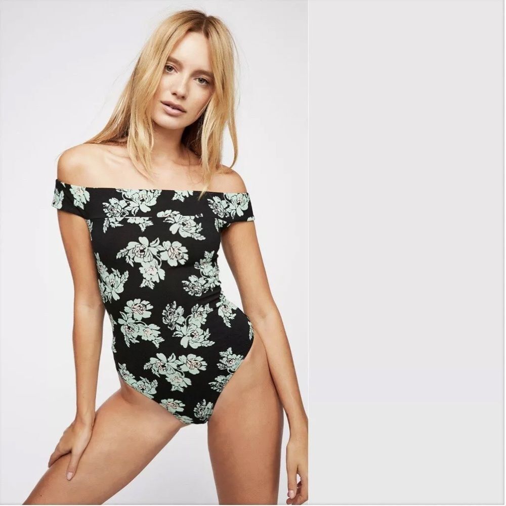 Free People Intimately So Much Black and Green Floral Bodysuit Medium Thong